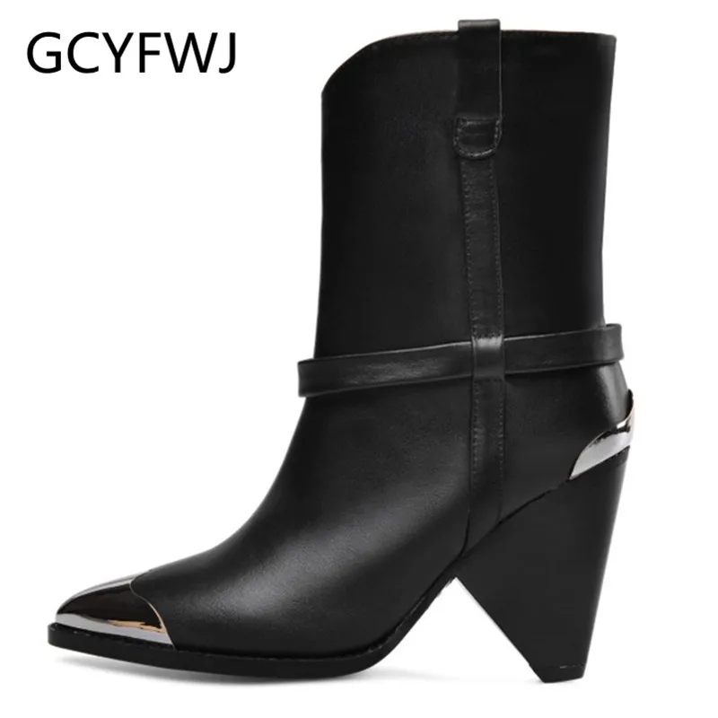 

GCYFWJ Genuine Leather Ankle Boots Women Metal Pointed Toe Rivet Tassel Strange High Heel Botas Mujer Fashion Martin Boots Woman