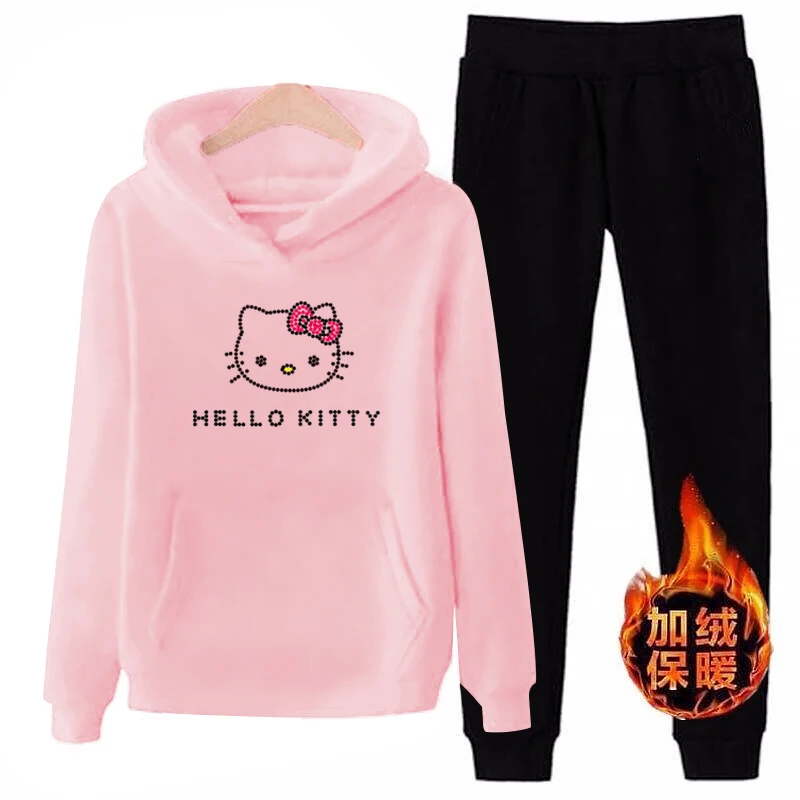 T11 3xl плюс размер hello-kitty зимние женские 2 шт с длинным рукавом флисовые толстовки с капюшоном комплект пуловер костюм спортивные костюмы одежда - Цвет: pink