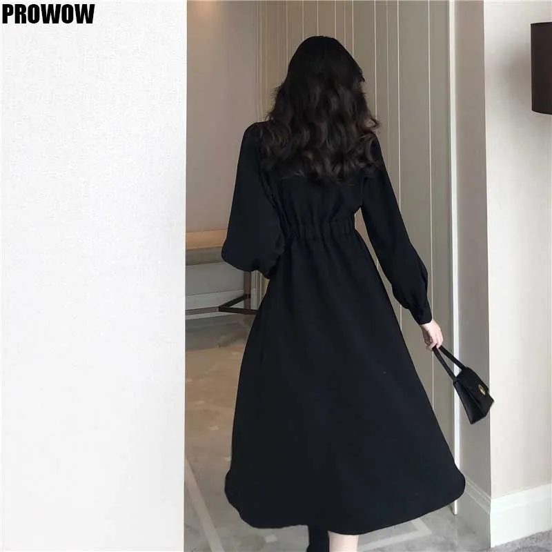 2020 Spring Autumn Women V Neck Lantern Sleeve Casual Long Dresses Ladies Korean Elegant Plus Size Chic Slim Dresses Vestidos