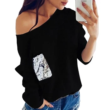 

Fashion Women Knit Sweater Sexy Slash Neck Sequined Pocket Pullover Knitted Warm Winter Shirts Jumper Autumn Top Plus Size GV072