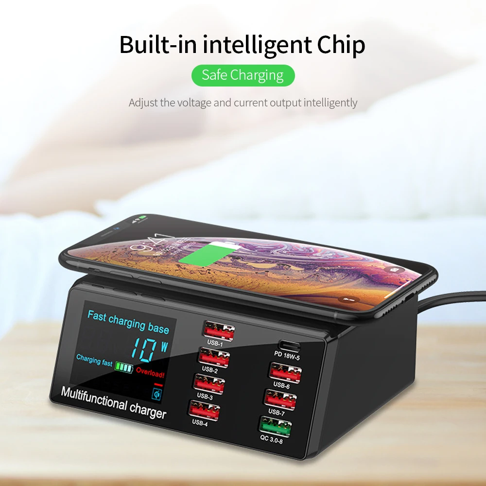 X9 8 Port Wireless USB Charger Quick Charge PD+QC3.0+USB Port Charge Station with LED Display USB HUB for Phone Laptop Tablet