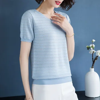 

Summer new ladies striped hollow short sleeve knitted T-shirt gray