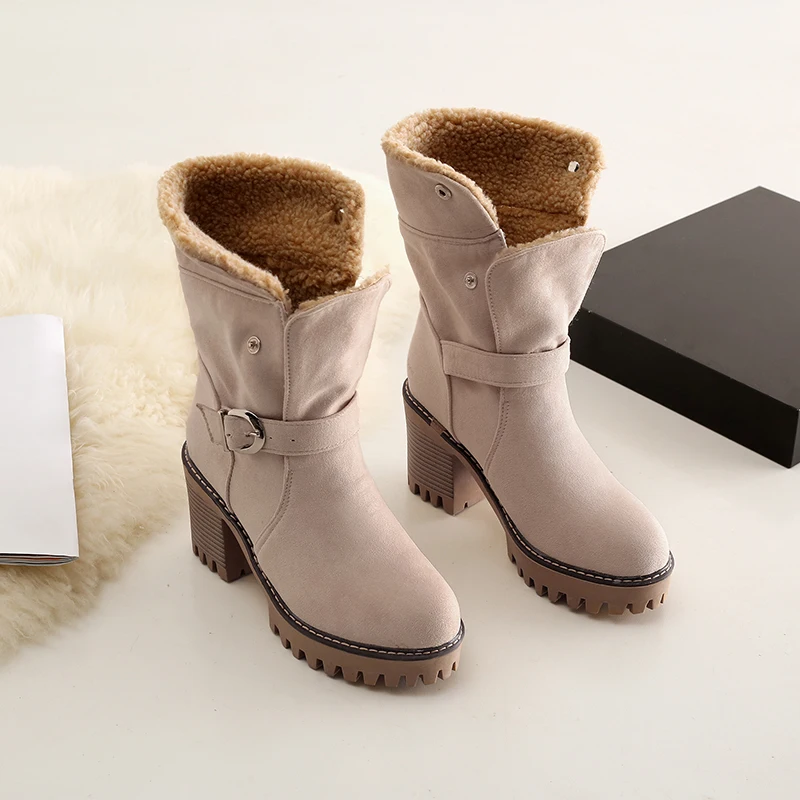 New Women Boots Winter Outdoor Keep Warm Fur Boots Platform Women's Snow Boots Thick heel with round head short boot - Цвет: Apricot