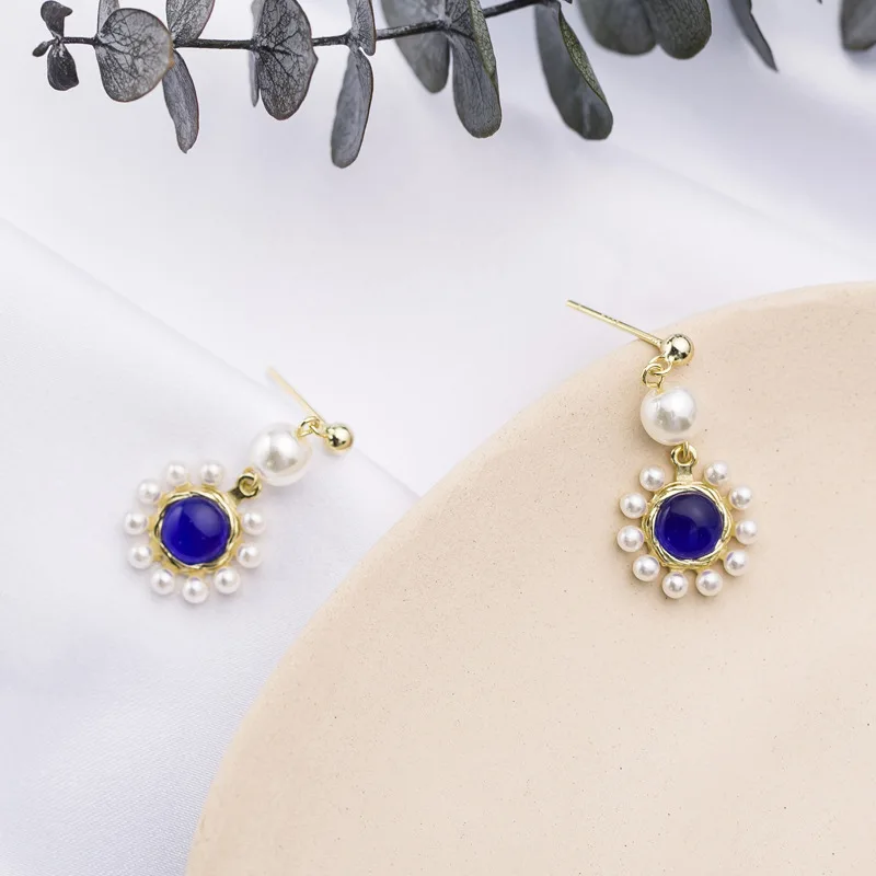

925 Sterling Silver Kyanite Pearl Long Stud Earrings Elegant French Style Palace Earrings for Women 2019 Silver 925 Jewelry Gift
