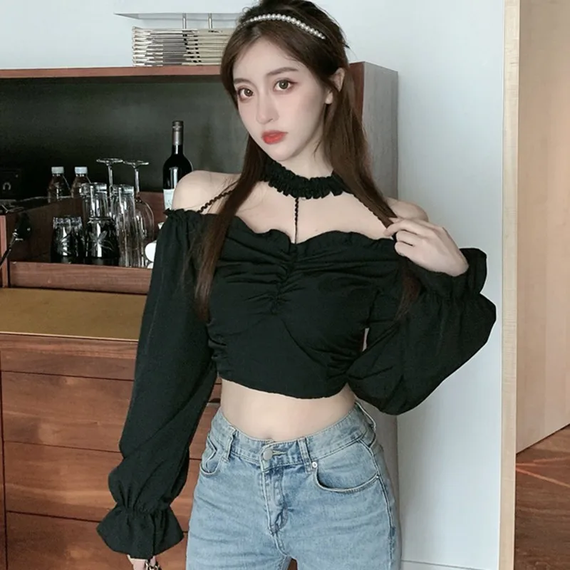 Korean Off Shoulder Blouse Women Fashion Solid Color Long Sleeve Blouses Exposed Navel Short Shirt