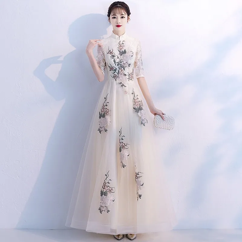 

Embroidery Flower Mesh Cheongsam Long Mandarin Collar Qipao Lace Perspective Sleeve Chinese Bridal Dress Retro Lady Vestidos