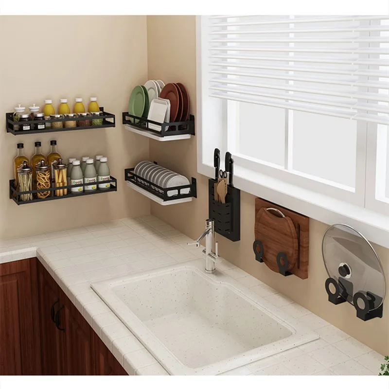 Kitchen rack wall-mounted stainless steel punch-free knife rack cutting board pot lid seasoning rack black storage rack Kitchen rack wall-mounted stainless steel punch-free knife rack cutting board pot lid seasoning rack black storage rack