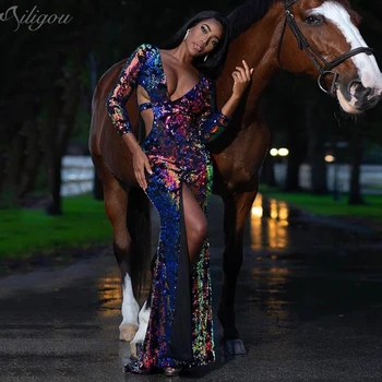 

Ailigou Free 2020 New Summer Ladies Dress V-neck Long Sexy Bodycon Elegant Club Celebrity Party Beaded Sequin Dress Vestidos