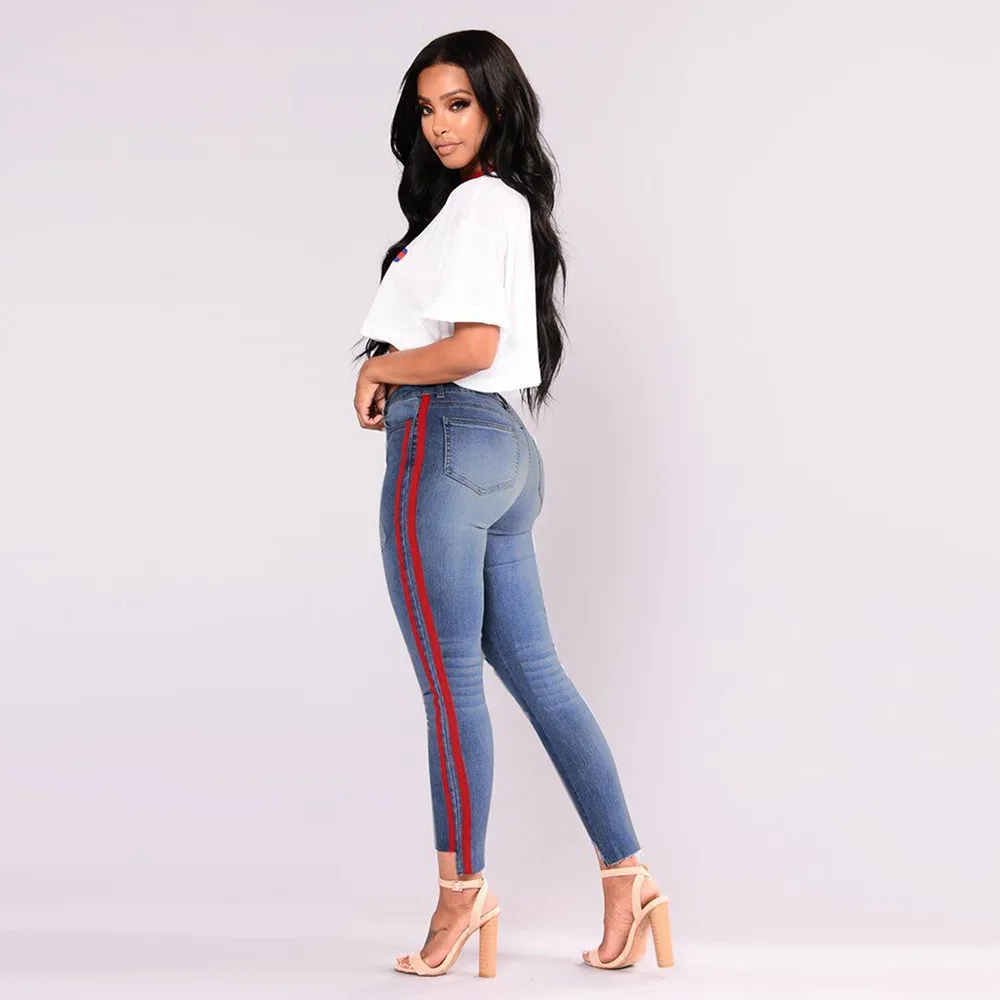 Женские джинсы с высокой талией, популярные женские джинсы 2019, повседневные модные джинсы, женские джинсовые рваные боковые ленты с