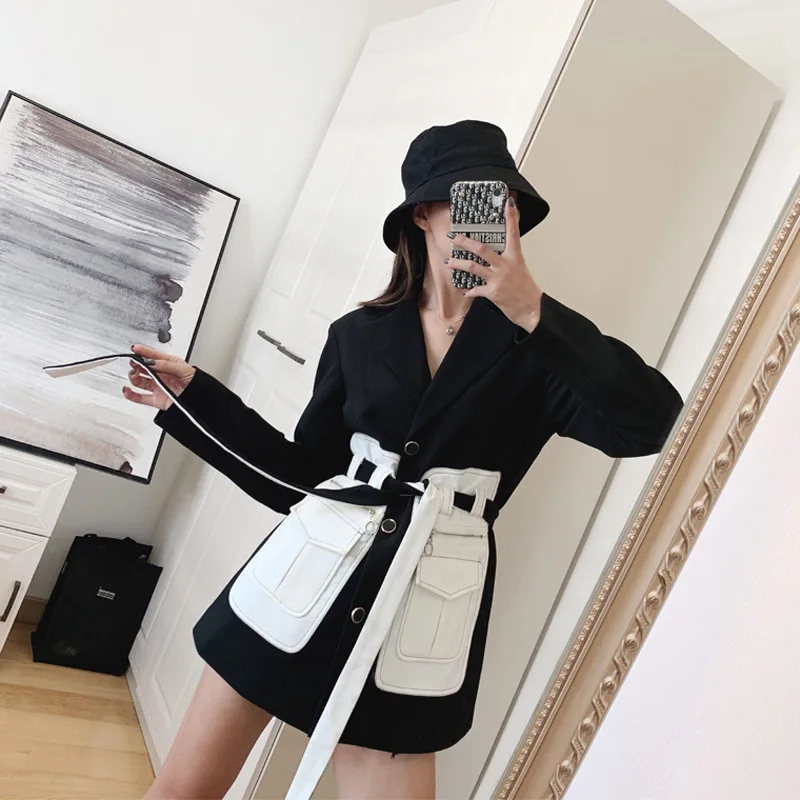 Deals Autumn Winter 2020 New Black White Color Matching Tooling Pocket Medium Length Suit Coat for Women