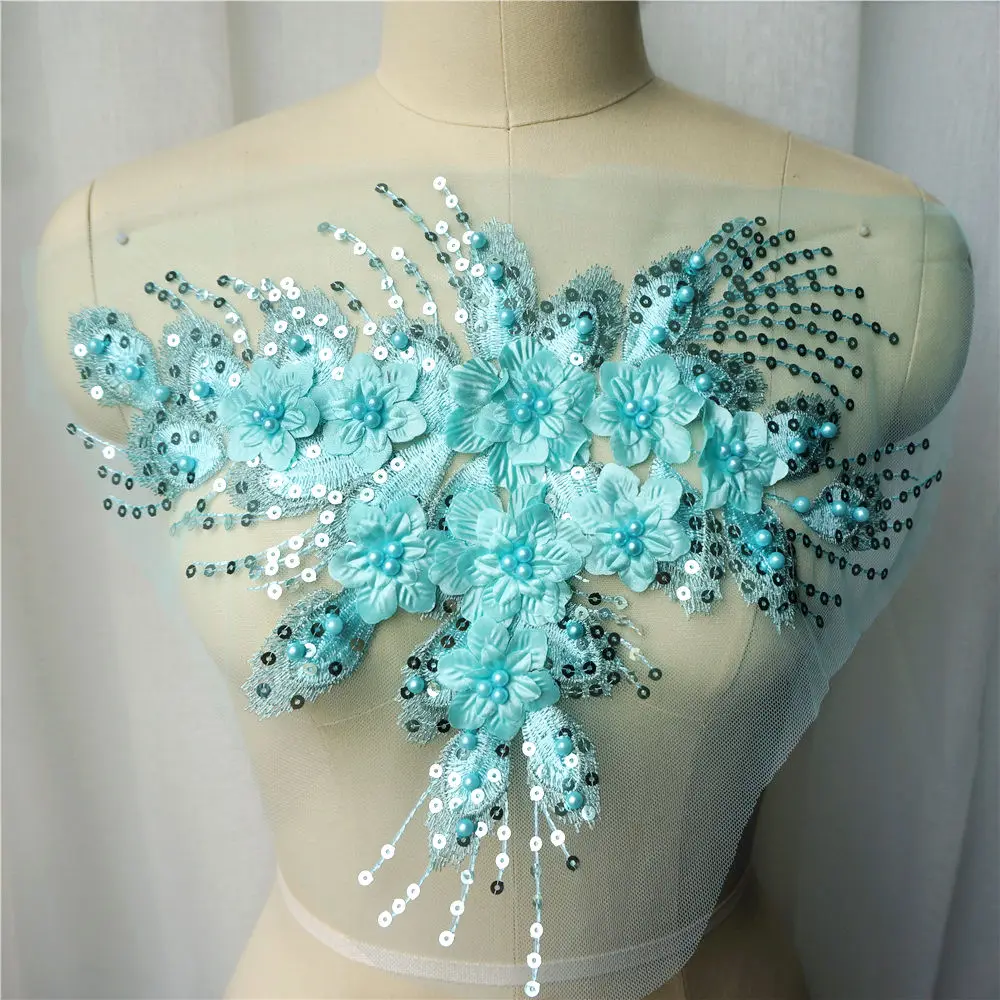 

Teal Blue Sequin Tassel 3D Flower Rose Beads Lace Fabric Embroidered Gown Appliques Collar Mesh Sew Patch For Wedding Decoration