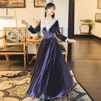 

YOSIMI 2019 Autumn Winter Maxi Long Women Dress Red Velvet Elegant Full Sleeve Lace Peter Pan Collar Female Vestido Ankle-Length