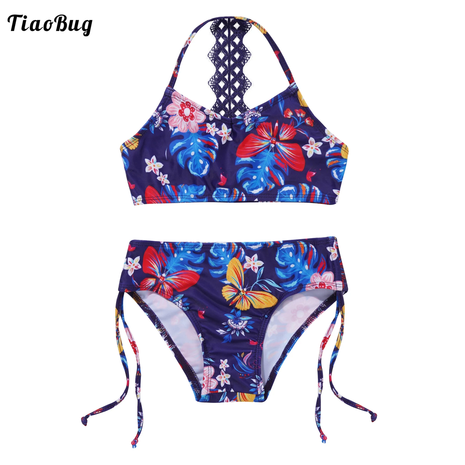TiaoBug Summer 2Pcs Kids Girls Floral Printed Bikini Set Sleeveless Top Swim Trunks With Adjustable Strap Swimsuit Swimwear