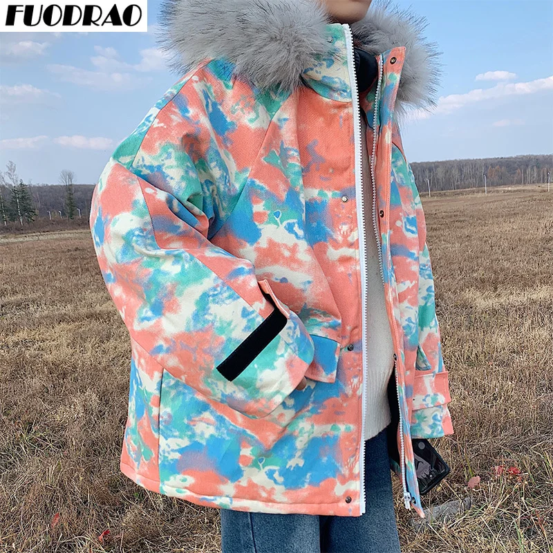FUODRAO Oversized Hip Hop Parka Men Camouflage Streetwear Warm Winter Jackets Fur Collar Hooded Outwear Outdoor Coats J200