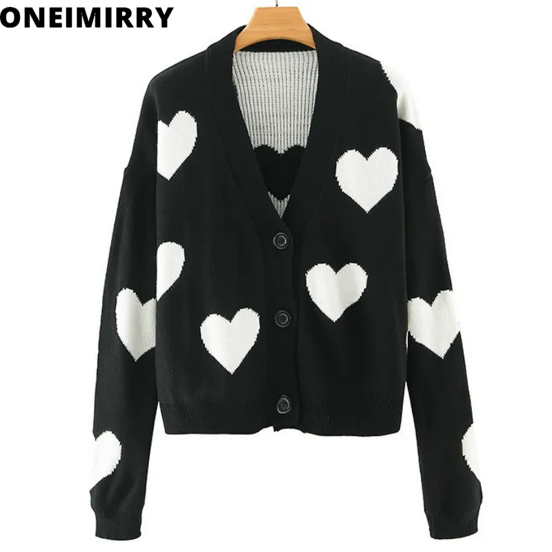 

Autumn Winter Knitted Cardigan Women Full Sleeve Heart-shaped Print Streetwear Sweater Black White Stitching Loose Casual Coat