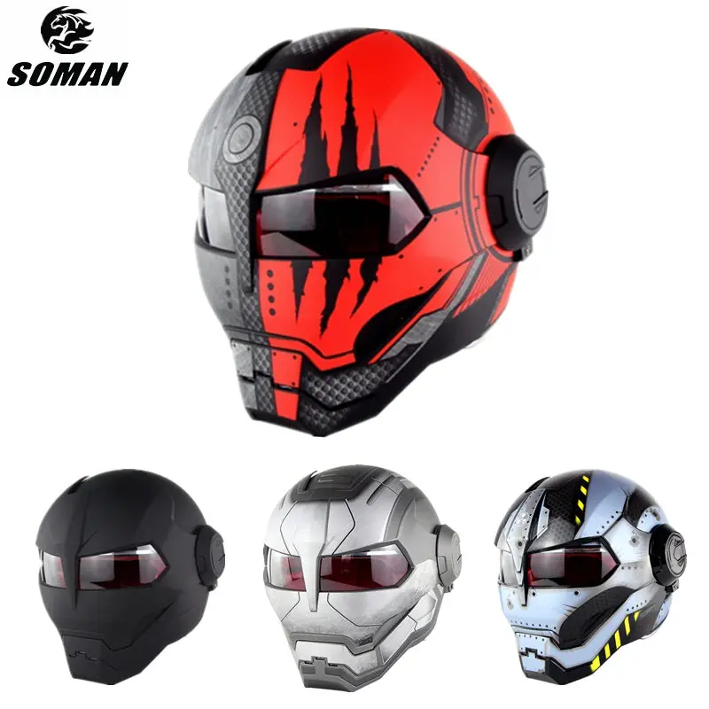 SOMAN IronMan Helmet Flip Up Motorcycle Helmet Robot Style Motorbike Casco Monster Casque DOT Approval Ironman Cool Helmets