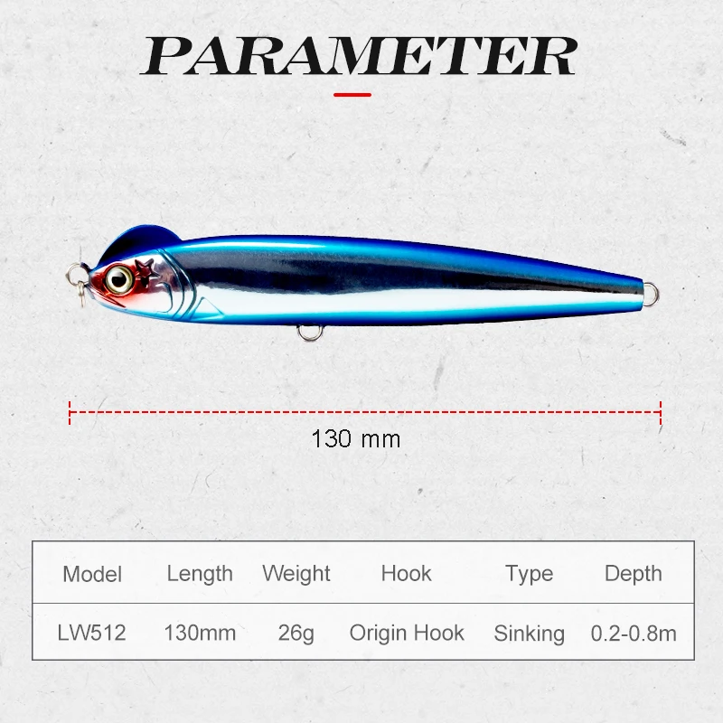 hunthouse slow sinking pencil fishing lure blue stickbait depth 0.2-0.8m S-shaped 130mm 26g seawater seabass hard bait lures