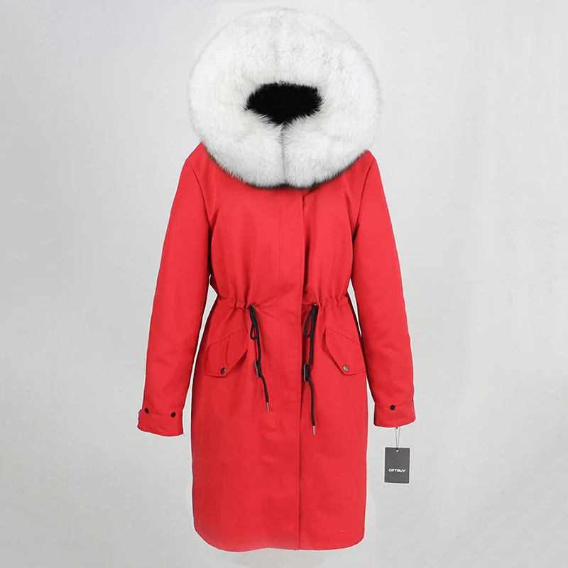 OFTBUY, зимняя женская куртка, пальто с натуральным мехом, длинная водонепроницаемая ткань, Воротник из натурального Лисьего меха, верхняя одежда, Толстая теплая уличная одежда, новинка - Цвет: red white