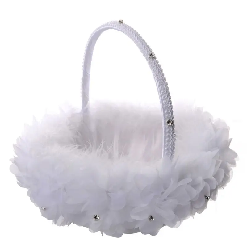 

New Flower Girl Baskets The Fabric Lace Decoration Cute Handle Flower Girl Basket White Flower Basket for Wedding Decoration