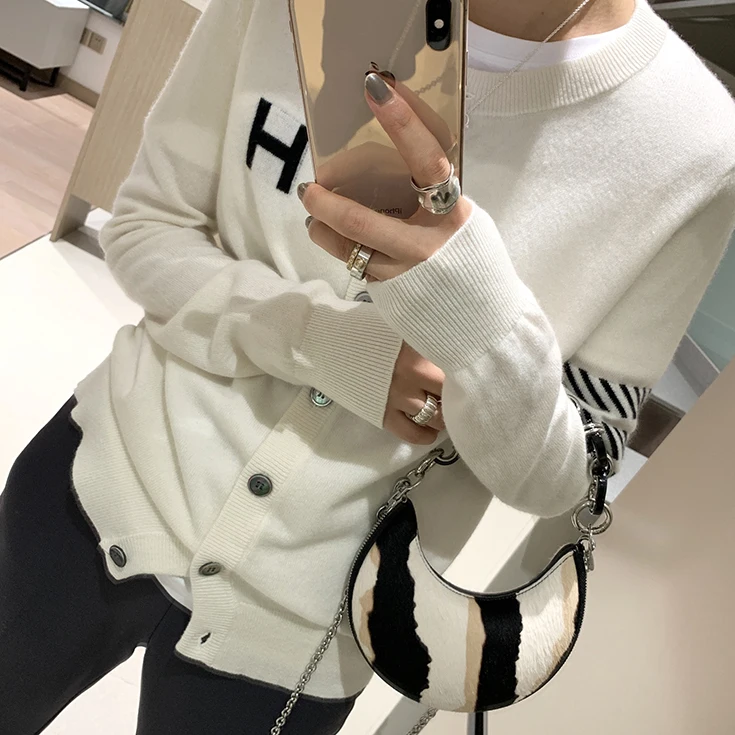 DY Europe station cashmere cardigan women's loose H-letter thin knitted jacket sweater slim round neck sweater
