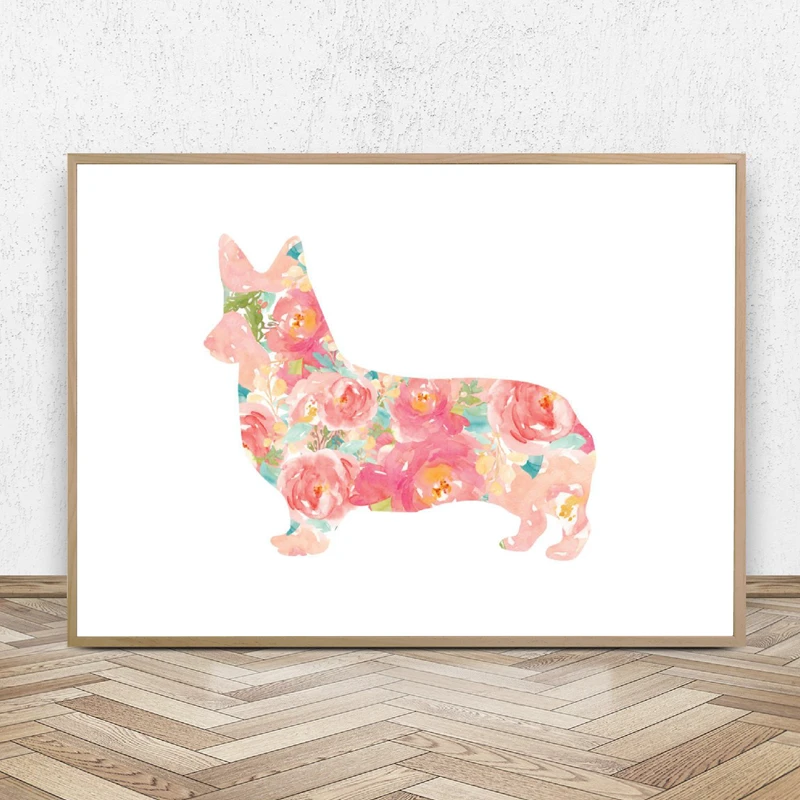 Corgi-Pet-Portrait-Watercolor-Floral-Canvas-Poster-Nursery-Wall-Art-Print-Painting-Corgi-Puppy-Dogs-Picture (2)