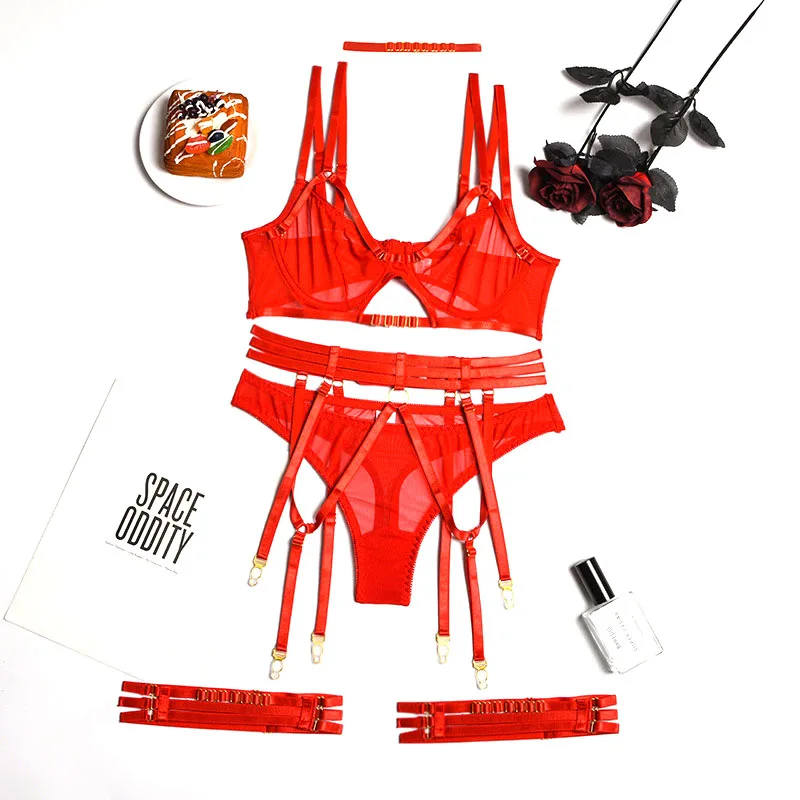 underwear set Dvicky Strap Bra Set Hot Red Cage Erotic Women's Lingerie See Through Lace Bandage Thong Panties Sexy Underwear Exotic Apparel panty sets