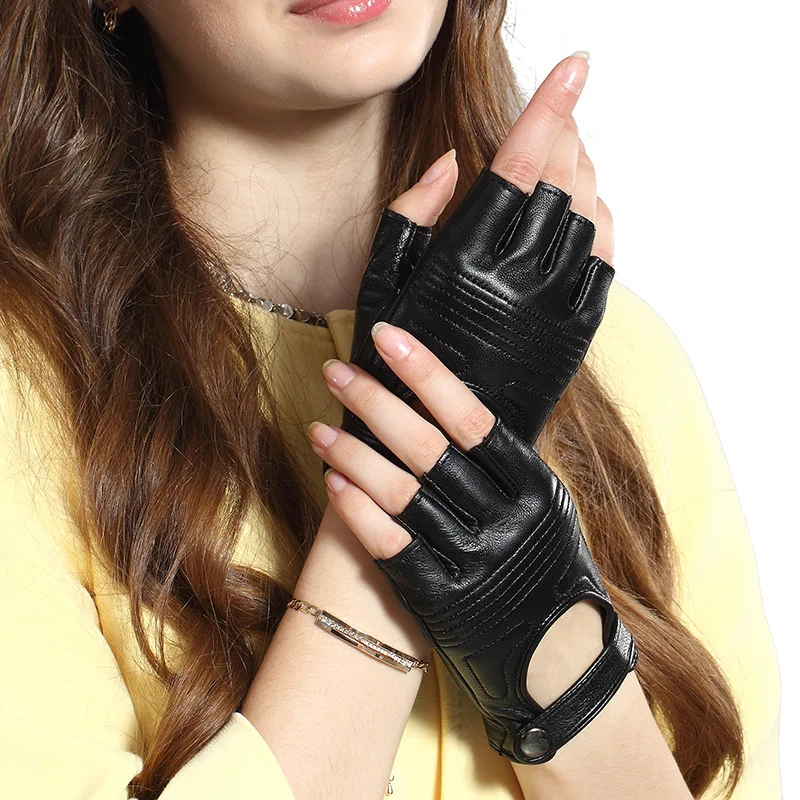 

Woman Real Leather Gloves Photography Motorcycle Driving Street Dance Half Finger Sheepskin Gloves Female Semi-Finger TE1539