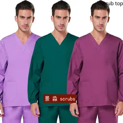 Long Sleeve Scrub Top Plug Size Medical Uniforms Women Nursing Clothes Cotton V Neck Scrub Shirt Doctor Workwear Vet Pure Color