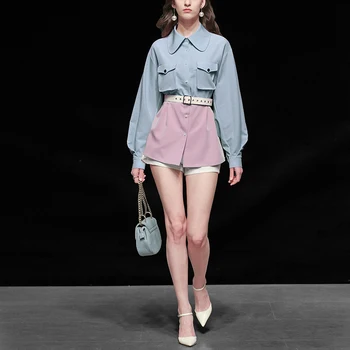 

Seifrmann Summer Fashion Women Patchwork Designer Mini Dress Turn-down Collar Long sleeve Drawstring Casual Ladies Short Dress