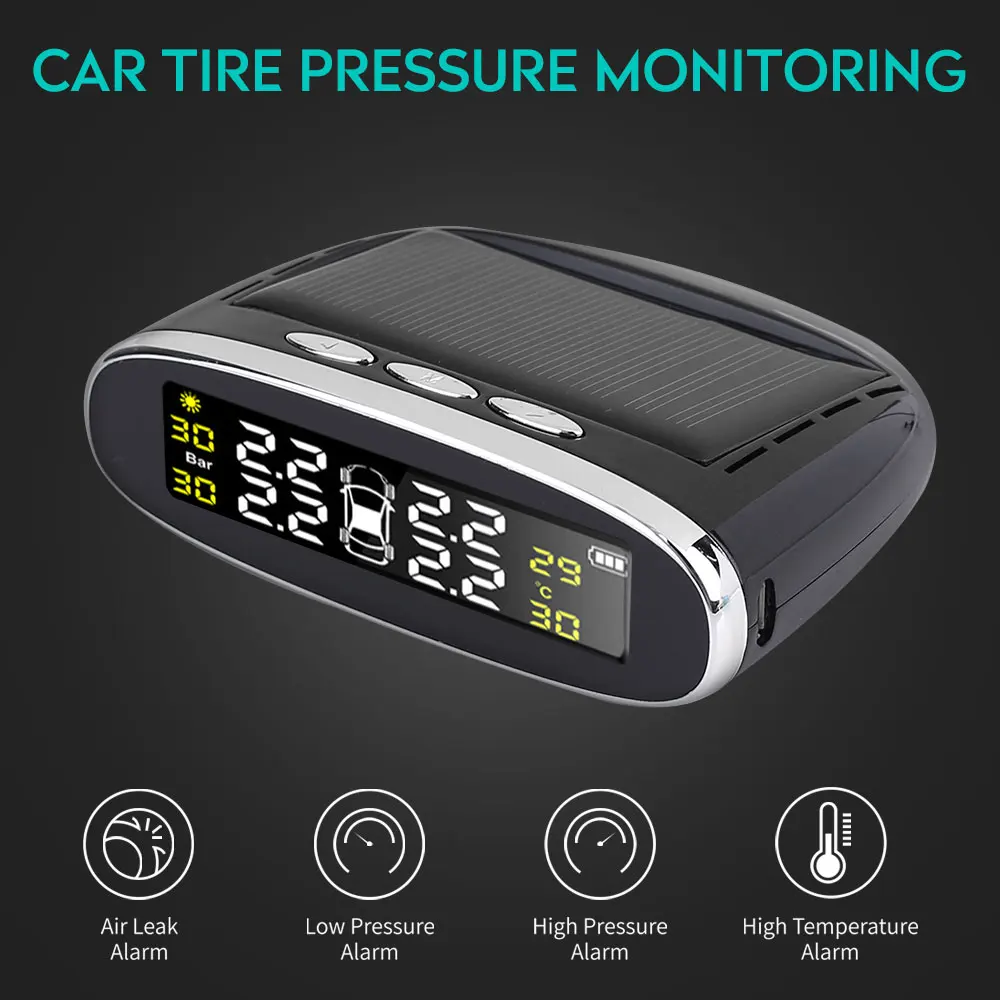Автомобильный TPMS беспроводной солнечный датчик давления в шинах с 4 внешними датчиками давления в шинах ЖК-дисплей экран реального времени Будильник МОНИТОР