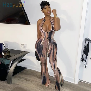 

HAOYUAN Sexy Tie Dye Flare Jumpsuits Women Festival Clothing Zip Sleeveless Bodycon Ladies Body Off Shoulder One Piece Rompers