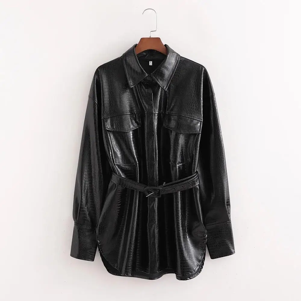 

New Pop Fall Winter Women Long Jackets Faux Leather Belted Long Sleeves Woman Coat Overshirt Casual Vogue women clothes