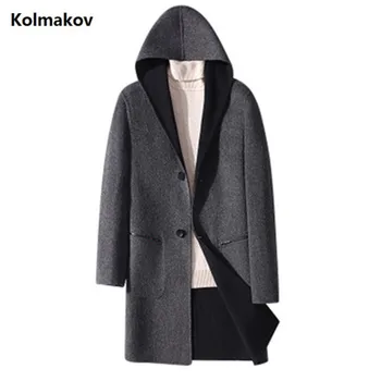 

2019 Winter new Men's Long Double sided wool coat hooded casual woolen overcoat high quality single-breasted trenchcoat for men