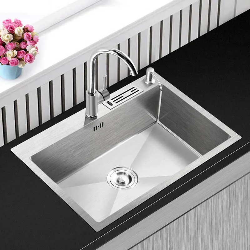 

304 Stainless Steel Vegetable Washing Pot Single Tank with Knife Frame 4MM Thickening Platform Up and Down Pots Kitchen Sinks