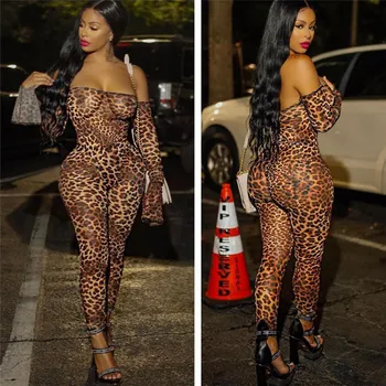 

Sexy Women Clubwear Mesh Off Shoulder Leopart Print Jumpsuit Playsuit Slash Neck Long Sleeve Backless Jumpsuit One-piece Trouser