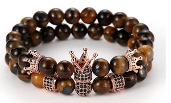

8mm 2PCS/Set tujt4 elastic adjusted nature Tigereye bead micro pave cz zircon cubic zirconia Crown Charm Bracelet