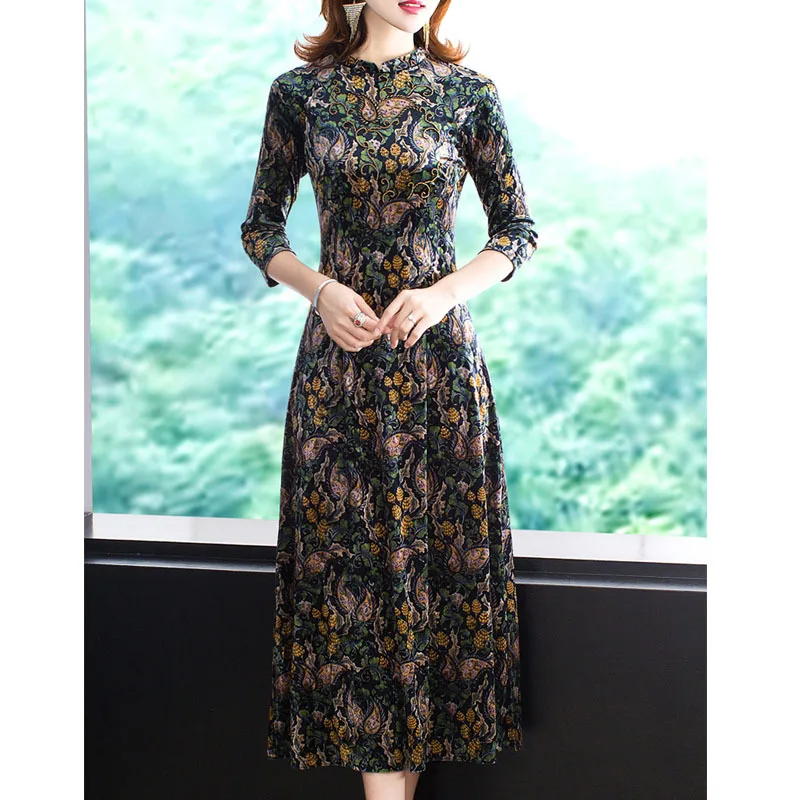 

Retro National Wind Improved Cheongsam Dress Autumn Clothing 2019 Elegant Lady Waist Hugging Long Skirts WOMEN'S Dress