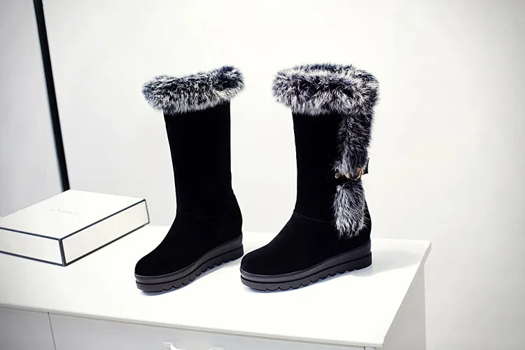 2019 г. Новые Теплые зимние женские ботинки с кроличьим мехом повседневная обувь женская обувь на высоком каблуке и из замши женская обувь