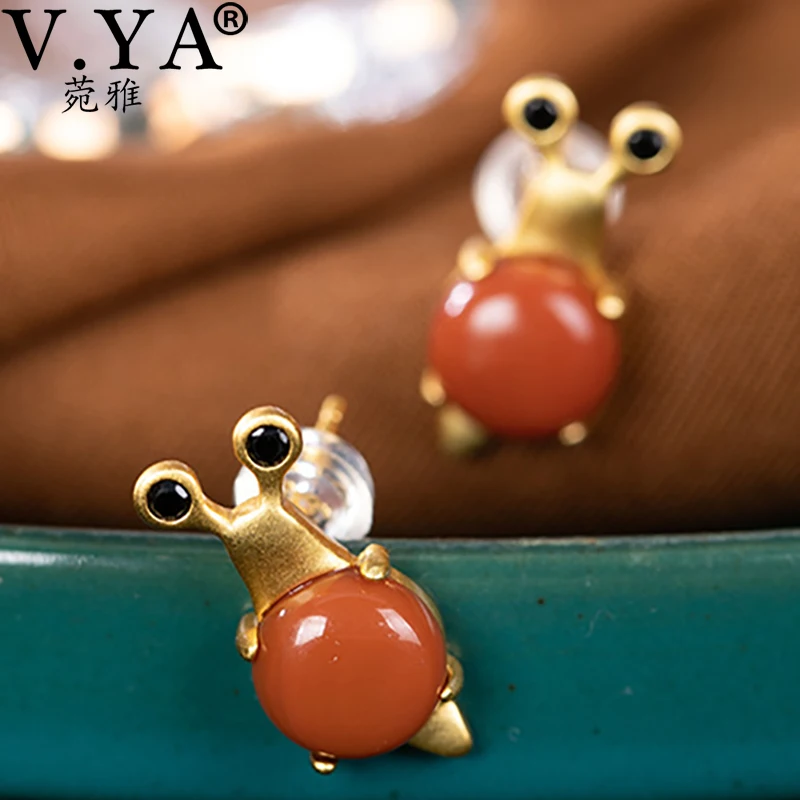 V.YA, милые серебряные серьги-гвоздики с улитками для женщин и девочек, 925 пробы серебряные серьги с натуральным камнем, покрытые серебром, ювелирное изделие