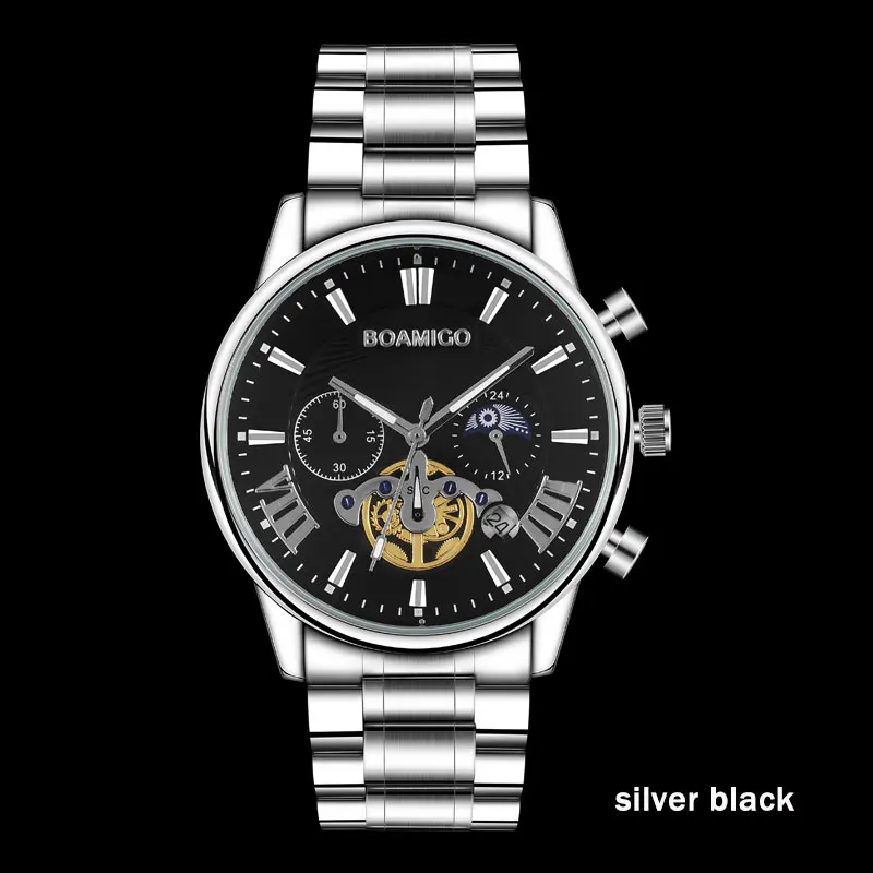 F933A silver black BOAMIGO, мужские часы, Лидирующий бренд, Роскошные, водонепроницаемые, под платье, кварцевые, деловые, мужские часы, часы, повседневные, механические, турбийон, спортивные часы - Цвет: F933A silver black