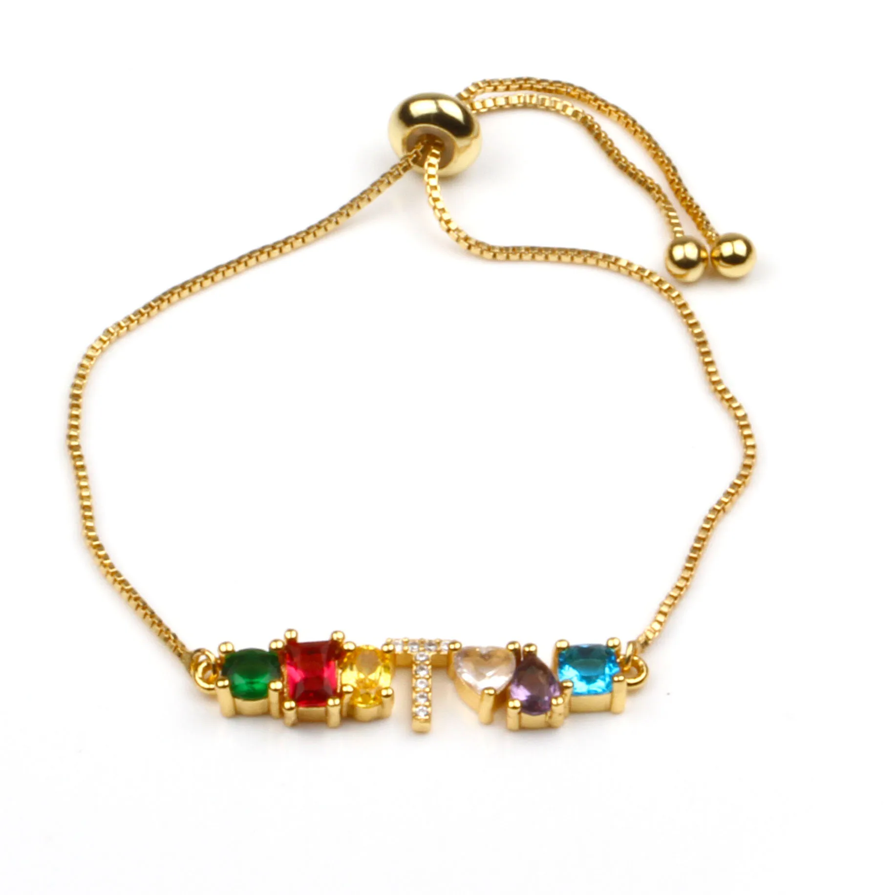 Hot Trendy Women Gold Color Bracelet New Rainbow Cubic Zircon A-Z Letter Initials For Women Charm Bracelet Jewelry Accessories - Окраска металла: T