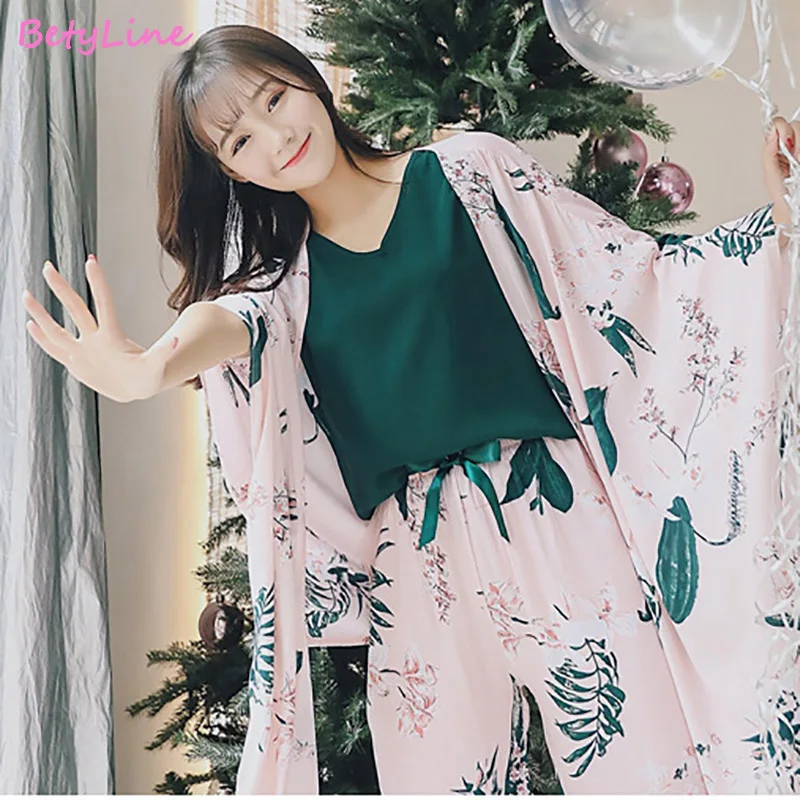 

New Arrival Daily Spring Autumn Women's Pajama Set 4 Piece Home Style Sleep Set Sweet Loose Leaves Sleepwear Female