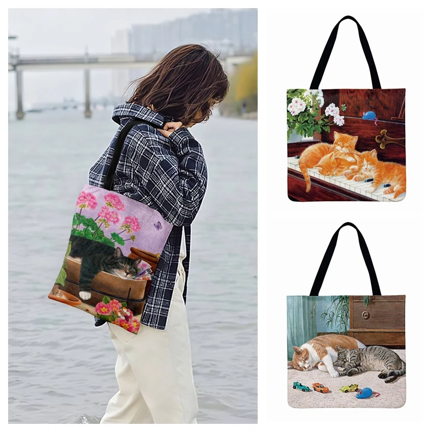 

American Pastoral Painting Cat Print Tote Bag For Women Casual Tote Outdoor Beach Bags Foldable Shopping Bag Ladies Shoulder Bag