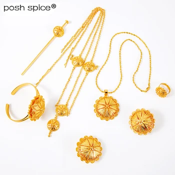

African Bridal Jewelry Ethiopian jewelry sets for Women hair chain necklace Clip ring hairpin Habasha bracelet Set