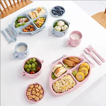 

3pcs Kid's Dinner Plate Food Plate Three-piece Cutlery Set with Fork Spoon Baby Meal Compartment Lunch Plate Wheat Straw