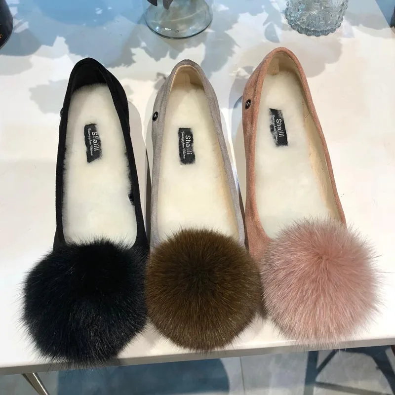

Heightened Doudou women's shoes fur ball leather suede sandals flat bottom Joker shallow casual shoes