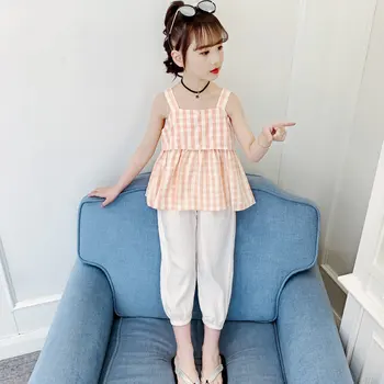 

2020 Teens Girl's Fashion Clothes Set New Summer Children Plaid Sling T-shirt+Pants Solid Color Kids Sleeveless Clothing Sets