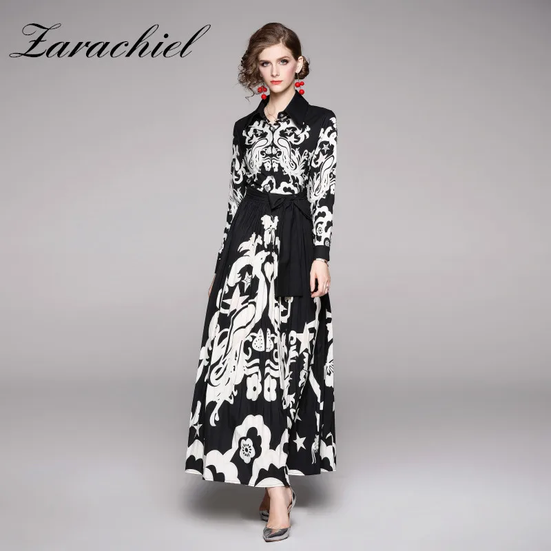 Fashion Designer Autumn Winter Maxi Dress Women's Long Sleeve Bow Tie Collar Vintage Printed Elegant Pleated Long Dress