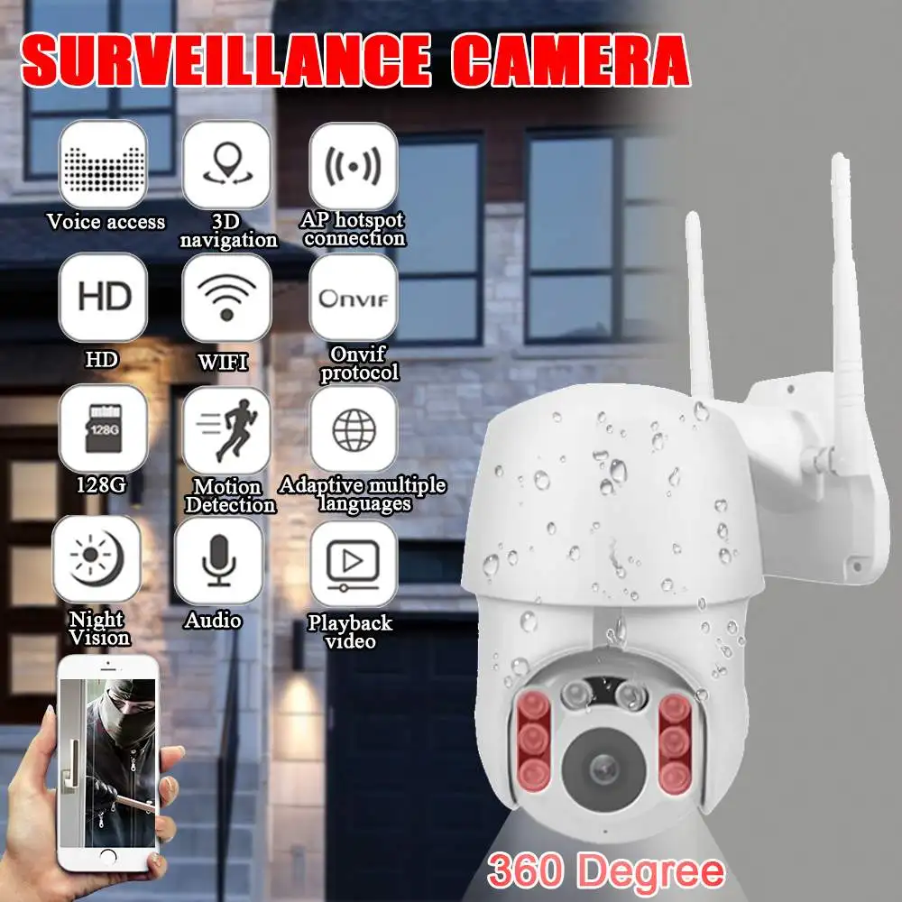 

Wireless Wifi IP Camera 360 Degree 8LEDs IR Night Vision Dual Antenna Supp AP-Hotspot Waterproof PTZ Camera Motion Tracking