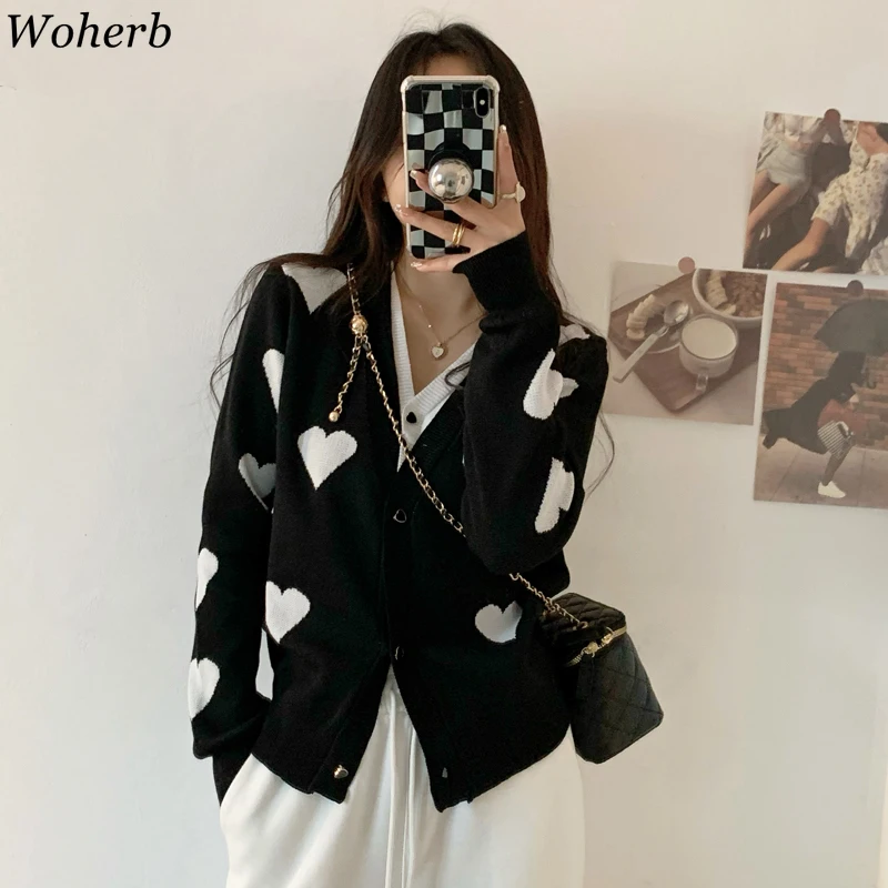 Woherb Love Heart Sweater Knitted Cardigan Women 2021 V Neck Splicing Long Sleeve Jackets Autumn Winter Sweet Female Cardigans |